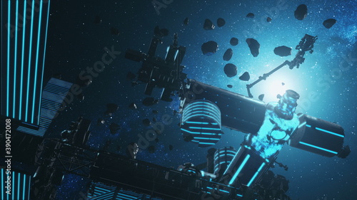 Fototapeta Naklejka Na Ścianę i Meble -  Asteroids silhouette at International Space Station with solar panels in outer space. Zero gravity fly meteorite rocks. Illuminated ISS satellite in open cosmos. 3d animation in blue, black colors