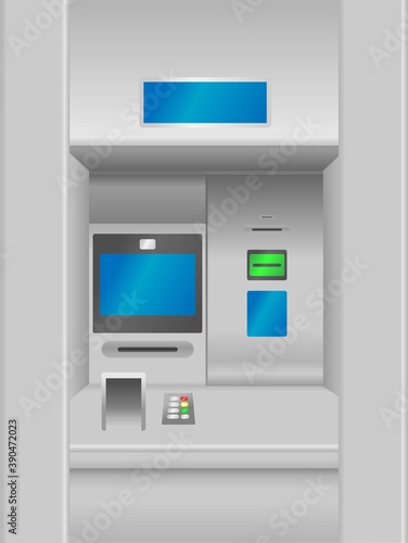 Realistic vector illustration of metallic gray ATM machine with blue screen and colorful buttons. European automated teller machine, cash machine,  cash dispenser. EPS 10.