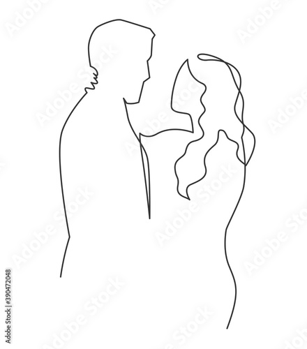 Continuous one drawn single line of romantic embrace of two lovers, newlyweds, young people. Loving couple hugging, valentines day. A love story with a guy and a girl