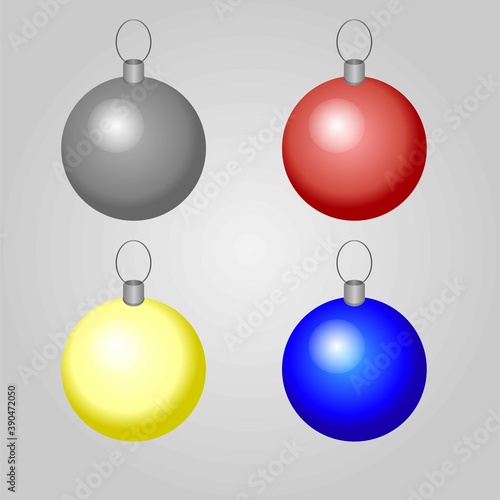 Vector set of 4 realistic round baubles with silver metallic hangers. 3 basic colors: red, blue and yellow plus one gray / black. Beautiful Christmas decoration. Perfect for cards, banners, website.