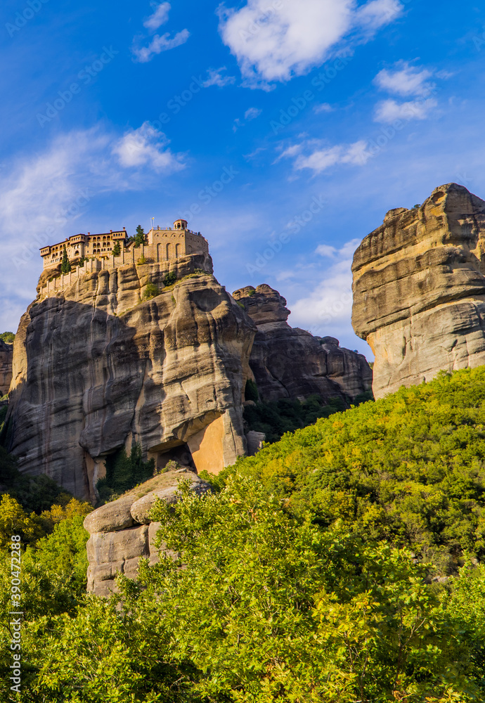 Vertical view of the Holy Monastery of Varlaam in Meteora, Thessaly, Greece built on top of unique rock formations