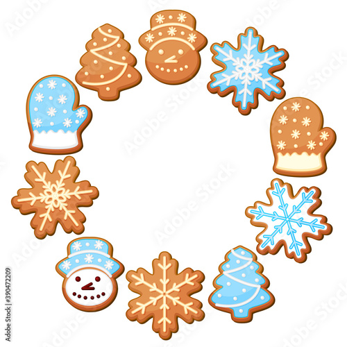 Gingerbread wreath for Christmas. Isolated on a white background. Vector illustration.