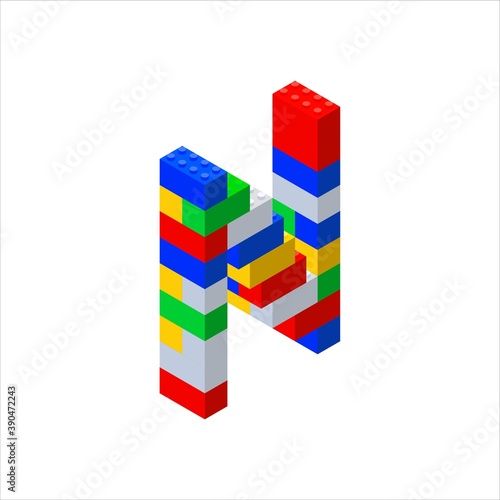 Isometric font made from color plastic blocks. The childrens designer. Letter N. Vector illustration