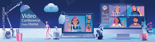 Businessmen use Video conference landing Working People on window screen taking with colleagues. Videoconferencing and online meeting workspace page, man and woman learning Vector illustration, Flat