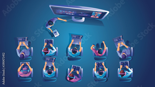 Businessmen use Video conference landing Working top view People on window screen taking with colleagues. Videoconferencing and online meeting workspace page man and woman learning Vector illustration
