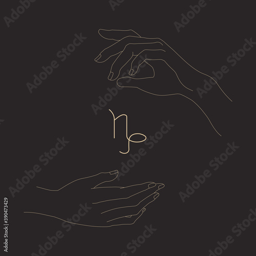 Female hands holding capricorn glyph. Gesture and capricorn zodiac sign. Magic hands silhouette. Outline isolated vector illustration. Design element for logotype, tattoo, print, icon.