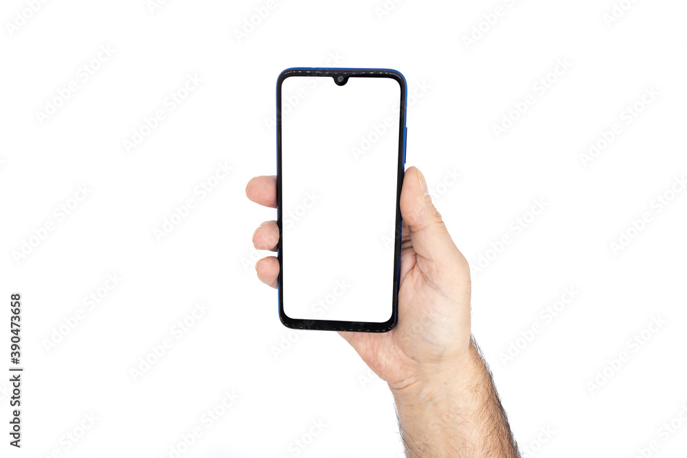 Holding the smartphone with blank screen and modern frameless design Holding the smartphone with blank screen and modern frameless design