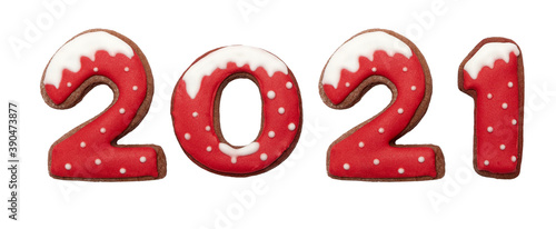Ginger Christmas or New Year cookies in the form of numbers 2021. Isolated on white background. Seasonal packaging and New Year's attributes.