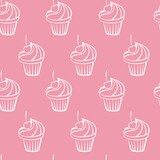 Vector seamless pattern with hand drawn cupcakes in line art style. Vector illustration