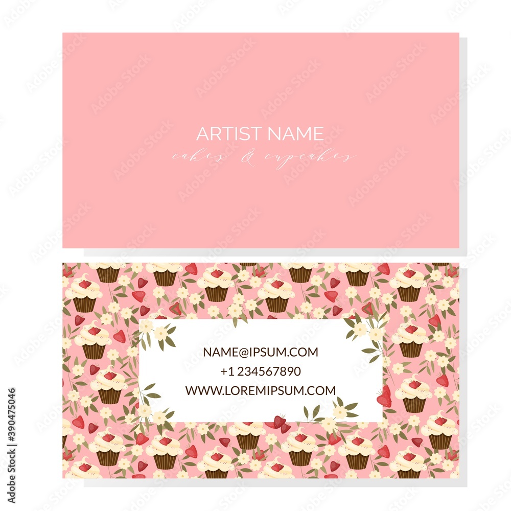 Business card template front and back side with cupcakes for bakery or cake shop. Vector illustration