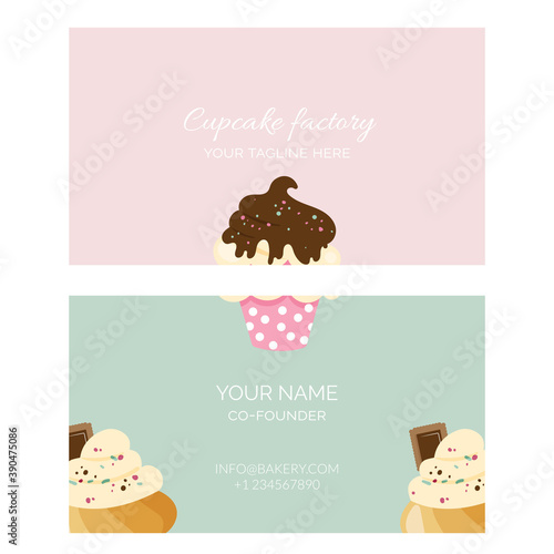 Business card template with cupcakes for bakery or cake shop. Vector illustration