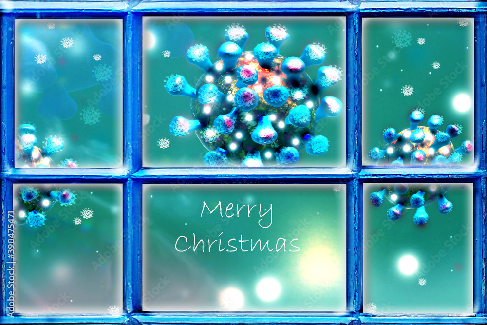 Christmas background with window frame and coronavirus. Covid-19 concept.