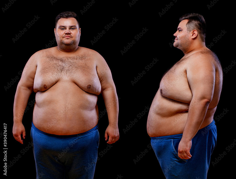 Two views of young shirtless fat man front and profile shot, isolated on black background Stock