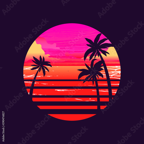 Silhouette of the sun with sunset, ocean and palm trees inside. Retrowave, synthwave style. Vector illustration photo