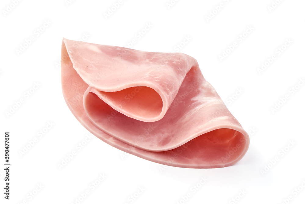 Boiled Ham Slices, close-up, isolated on a white background Boiled Ham Slices, close-up, isolated on a white background