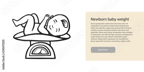 Hand drawn line illustration of baby on scales. newborn weight. Stock vector illustration.