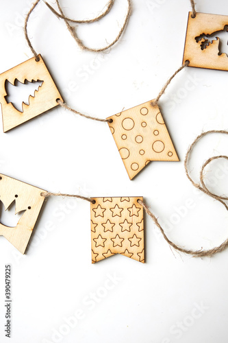 Christmas decoration wood on white. Ornaments christmas decoration wood set.