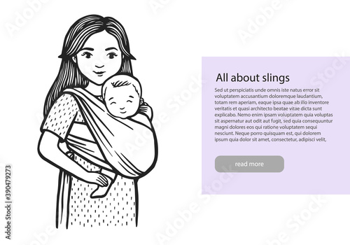 Hand drawn line illustration of women carrying a baby in a sling. Stock vector illustration. Baby carrier, sling, backpack safety.