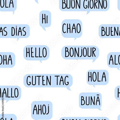 Seamless pattern with the word hello in different languages. Blue doodle speech bubble.