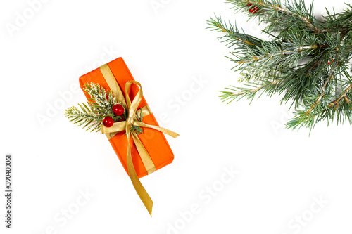 Red gift box and green fir tree spruce branch isolated on white background. photo