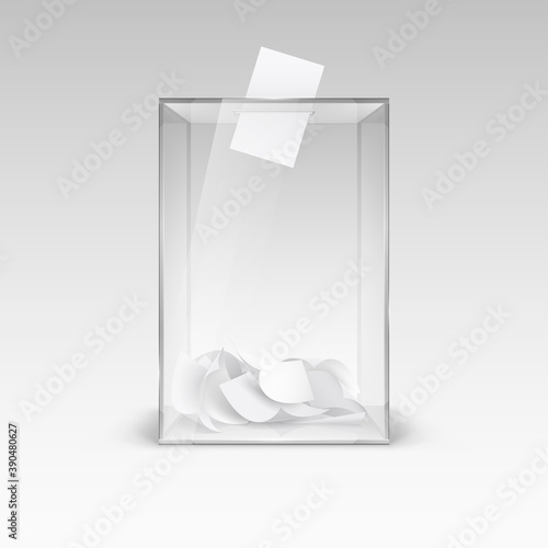 Illustration of the Realistic Transparent Ballot Box with Voting Paper in Hole. Voting Container with a Falling Ballot Paper. Confidential Polling Technology Element