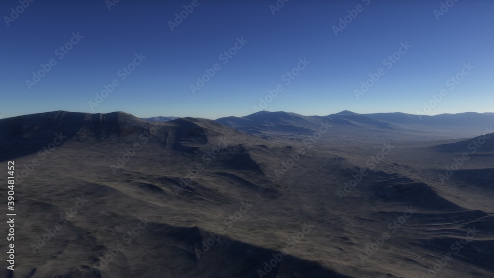 Fantastic digital surface of a distant planet, arial digital landscape, science fiction landscape 3d render