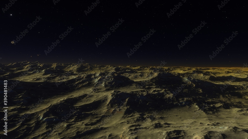 Fantastic digital surface of a distant planet, arial digital landscape, science fiction landscape 3d render