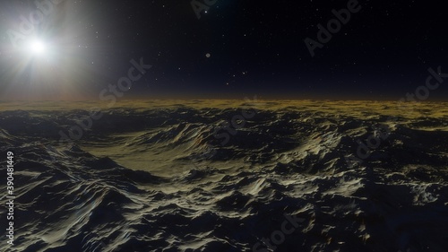 Fantastic digital surface of a distant planet, arial digital landscape, science fiction landscape 3d render