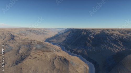 Fantastic digital surface of a distant planet, arial digital landscape, science fiction landscape 3d render