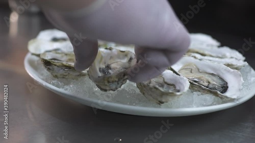 Skilled chef in gloves lays delicious raw ocean oyster on round plate with pile of crushed ice at bright light in modern seafood restaurant close view. photo