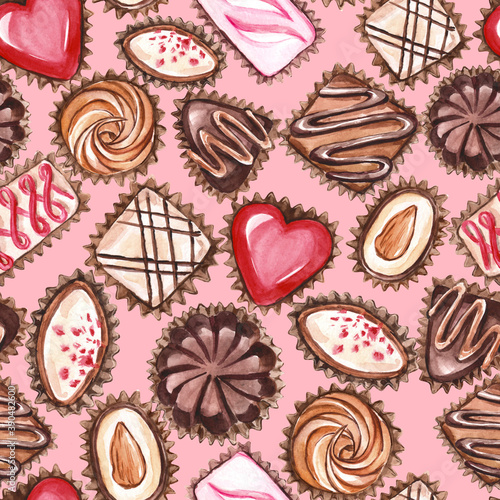 Chocolate candies.Seamless pattern. Design for textiles, napkins, tapestries, tablecloths, wrapping paper. Watercolor painting.