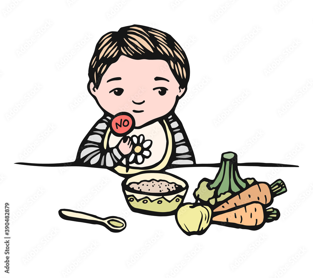 trouble first baby food. Hand drawn line illustration of baby with meal: bowl, spoon, apple, vegetables. The child refuses to eat. child unhappy with a no sign . colorful Stock vector illustration. trouble first baby food. Hand drawn line illustration of baby with meal: bowl, spoon, apple, vegetables. The child refuses to eat. child unhappy with a no sign . colorful Stock vector illustration.