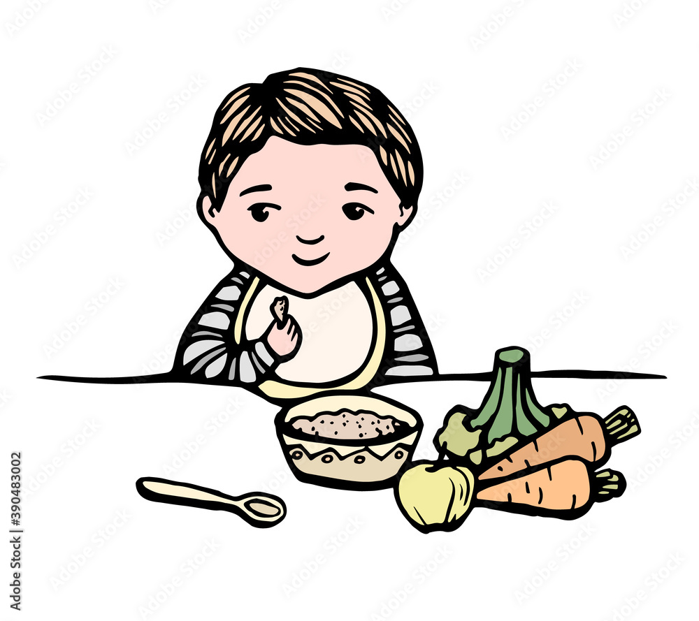 first baby food. Hand drawn line illustration of baby sitting with meal: bowl, spoon, apple, vegetables. Kid nutrition. Baby smiling and hold piece of food. Stock vector isolated illustration. first baby food. Hand drawn line illustration of baby sitting with meal: bowl, spoon, apple, vegetables. Kid nutrition. Baby smiling and hold piece of food. Stock vector isolated illustration.