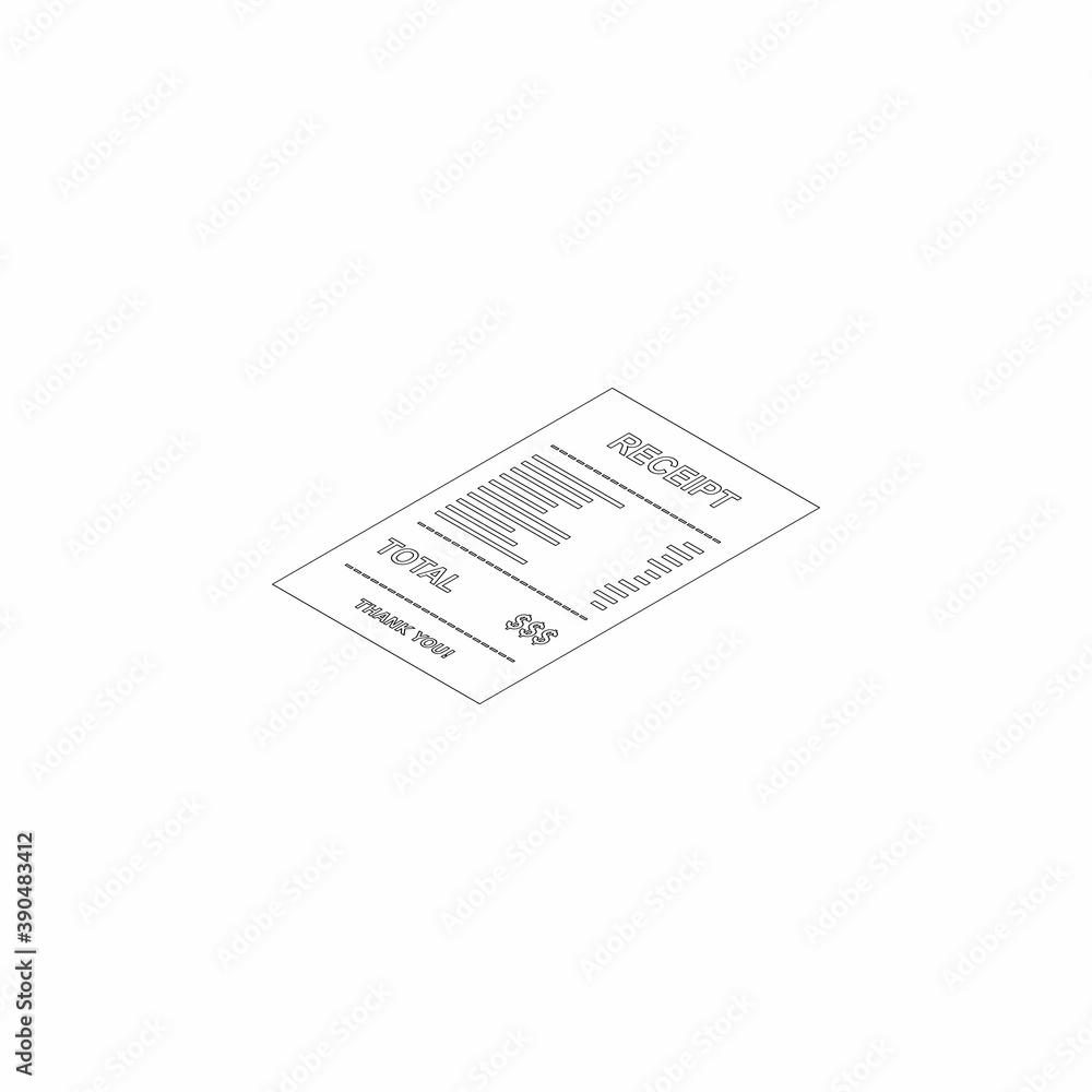 Receipt paper, bill check, invoice, cash receipt. Black outline. Left view isometric icon. Receipt paper, bill check, invoice, cash receipt. Black outline. Left view isometric icon.