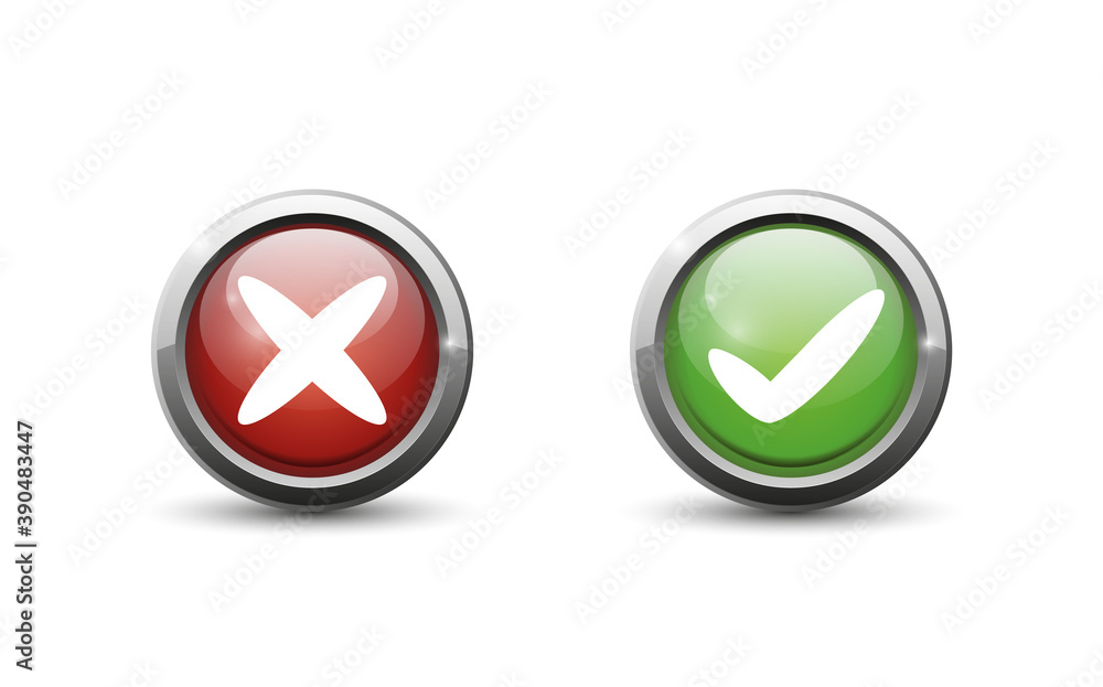 Green and red button on white background. Green and red button on white background.