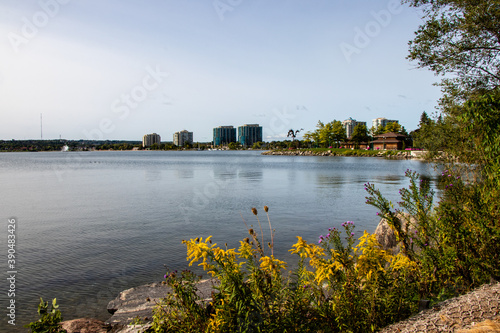 view of a city across a lake in summer 