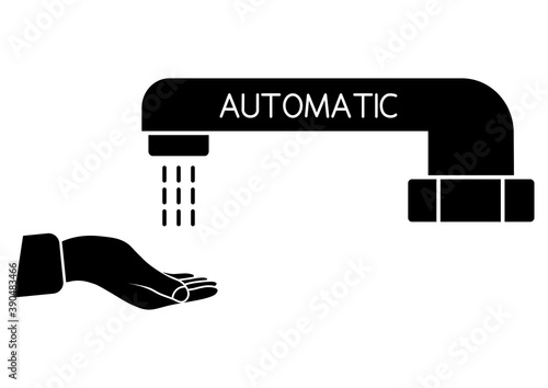 Modern water crane. Hands washing under the faucet with sensor. Automated touchless restroom equipment with sensors. Automatic hand wash faucet icon. Glyph icon. Vector