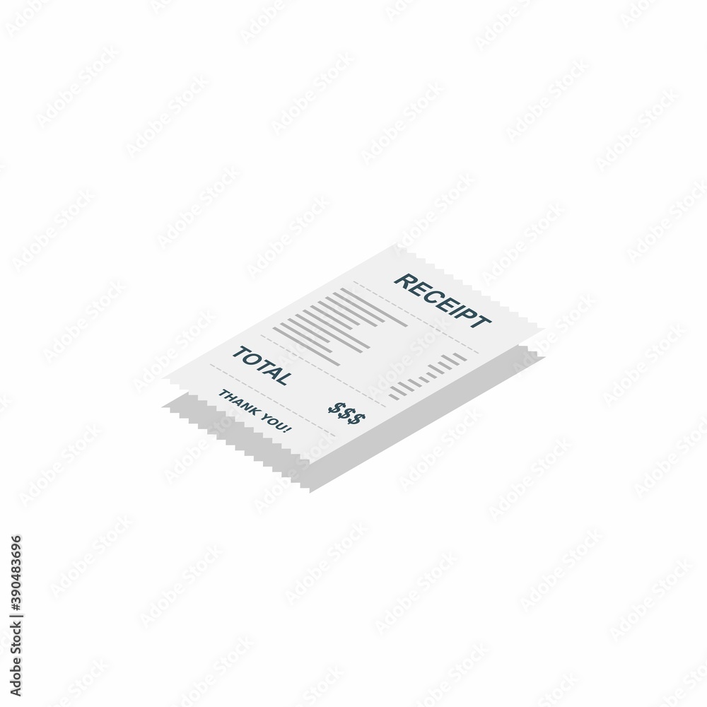Receipt paper, bill check, invoice, cash receipt. Shadow design. Left view isometric icon. Receipt paper, bill check, invoice, cash receipt. Shadow design. Left view isometric icon.