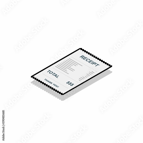 Receipt paper, bill check, invoice, cash receipt. Black stroke and shadow design. Left view isometric icon.