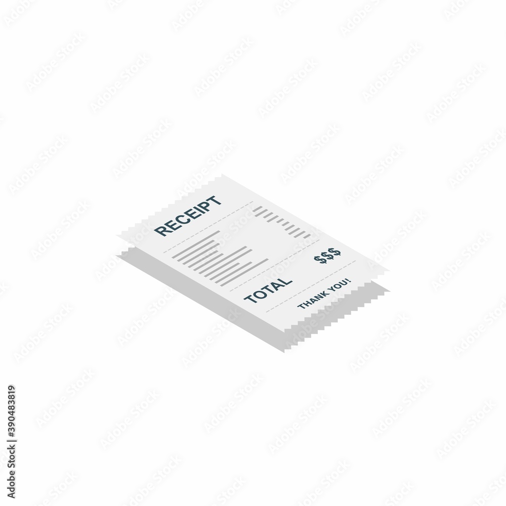Receipt paper, bill check, invoice, cash receipt. Shadow design. Right view isometric icon.