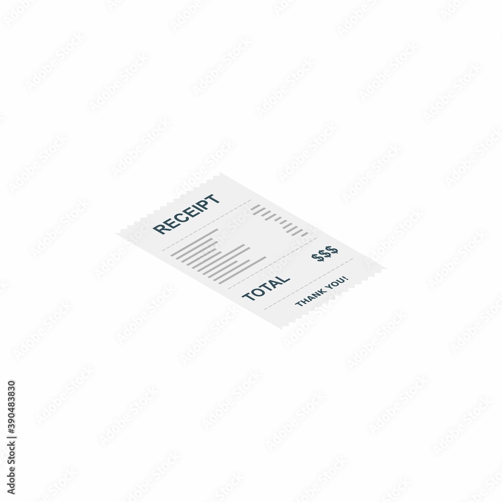 Receipt paper, bill check, invoice, cash receipt. White background. Right view isometric icon. Receipt paper, bill check, invoice, cash receipt. White background. Right view isometric icon.