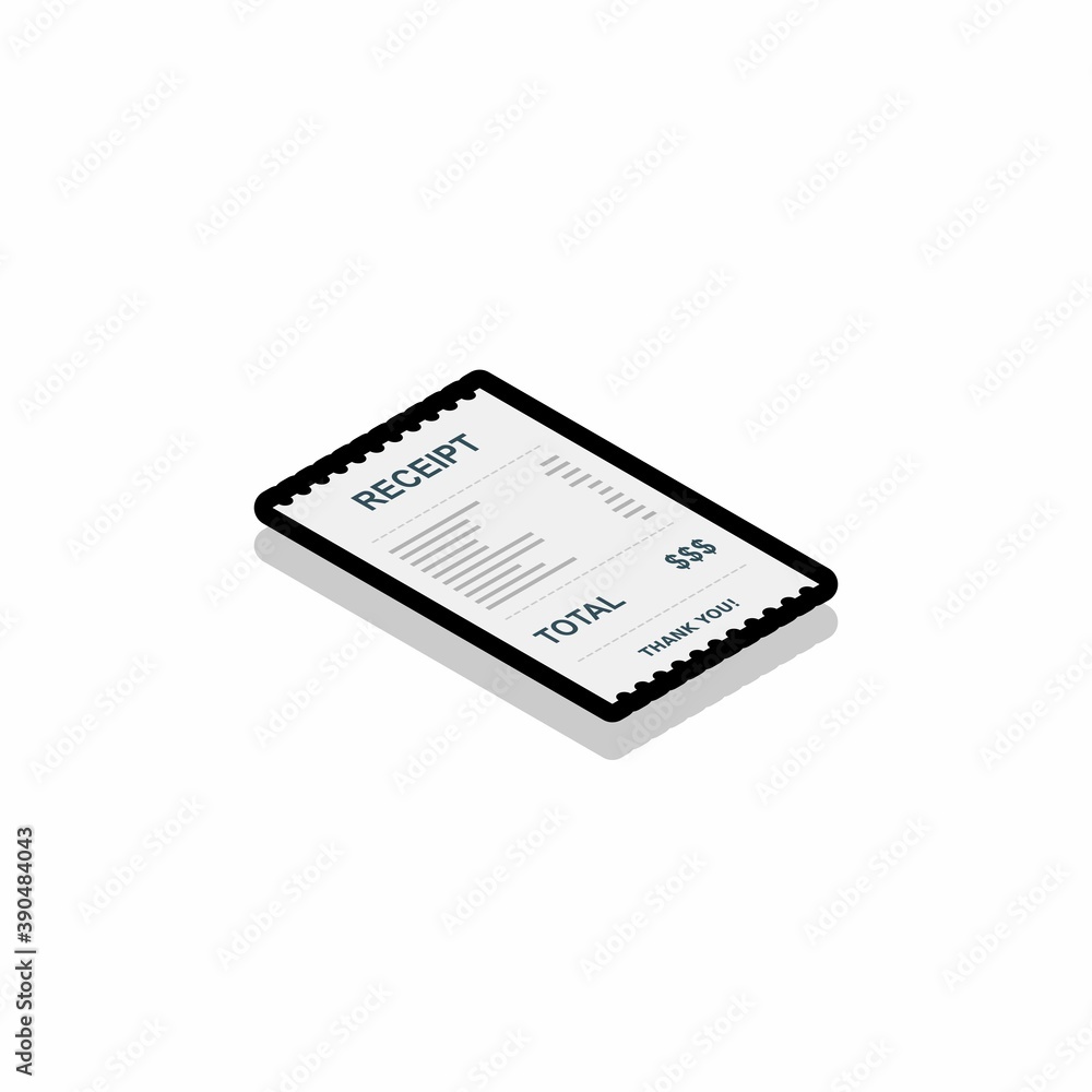 Receipt paper, bill check, invoice, cash receipt. Black stroke and shadow design. Right view isometric icon. Receipt paper, bill check, invoice, cash receipt. Black stroke and shadow design. Right view isometric icon.