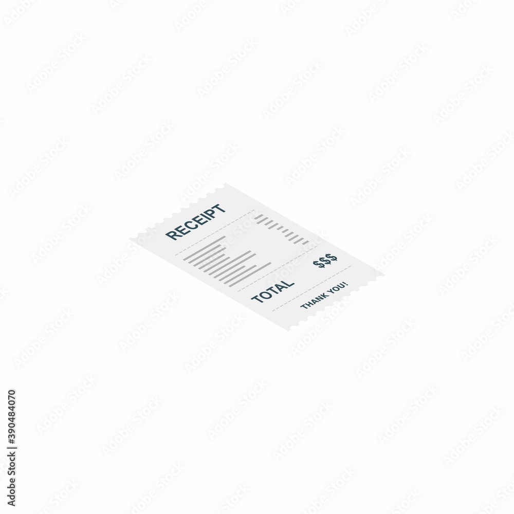 Receipt paper, bill check, invoice, cash receipt. White background. Right view isometric icon. Receipt paper, bill check, invoice, cash receipt. White background. Right view isometric icon.