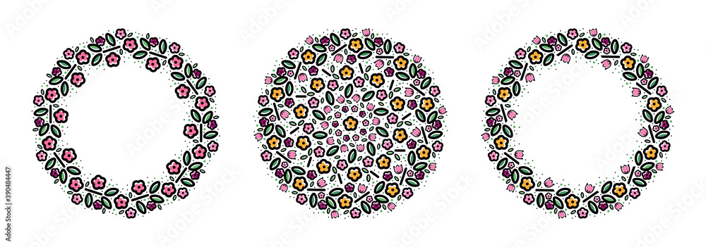 Wreaths on a transparent background, vector pattern of flowers, mandala flower. Elements for greeting cards, invitations, and store design. Pattern in a circle. Vector pattern. Naive illustrations.