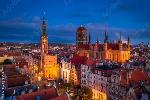 Aerial view of the old town of Gdansk by night, Poland