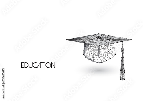 Education concept with low polygonal graduation hat isolated on white background.