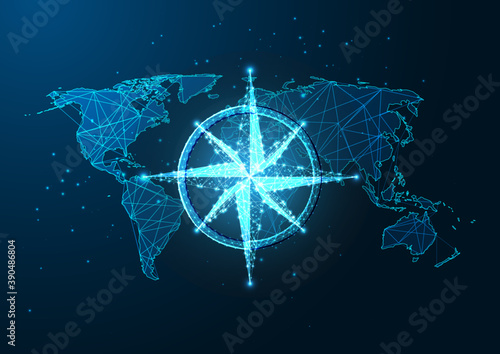 Futuristic navigation concept with glowing low polygonal compass rose and world map