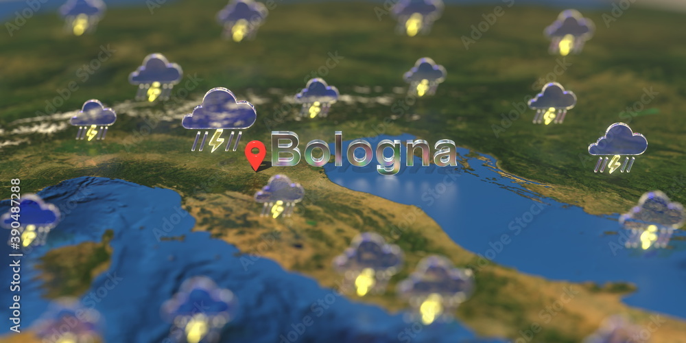 Bologna city and stormy weather icon on the map, weather forecast related 3D rendering Bologna city and stormy weather icon on the map, weather forecast related 3D rendering