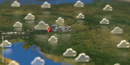 Cloudy weather icons near Graz city on the map, weather forecast related 3D rendering