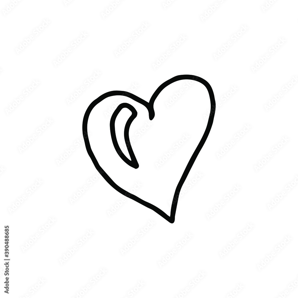 Isolated element on a white background. Heart symbol with lens flare in hand-drawing. Vector. Doodle. Heart in one line. Black and white image. Suitable for postcards, design element, poster.